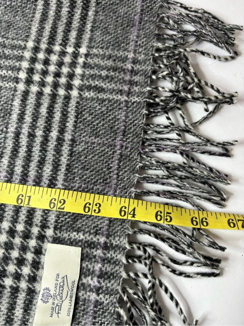 Paul Costelloe Ireland Black White Plaid Check 100% Lambswool 12*64 Scarf Preppy